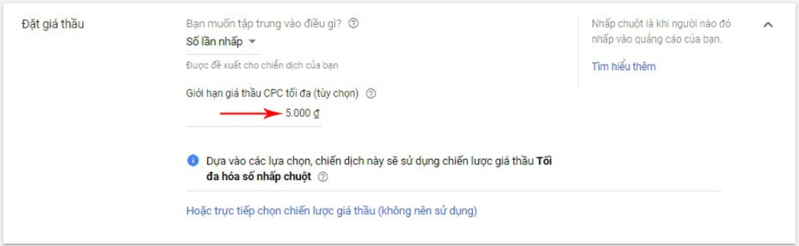 Setup giá thầu google ads